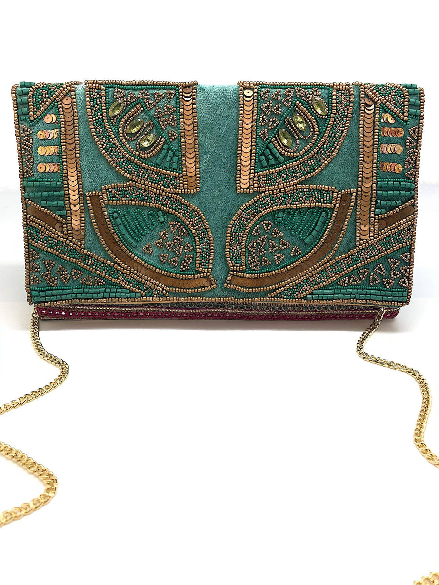 Green Velvet Embroidered Clutch EX-LA-150038