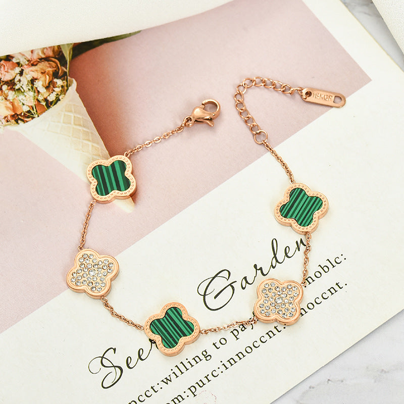 Clover Rhinestone Stainless Steel Bracelet B2674