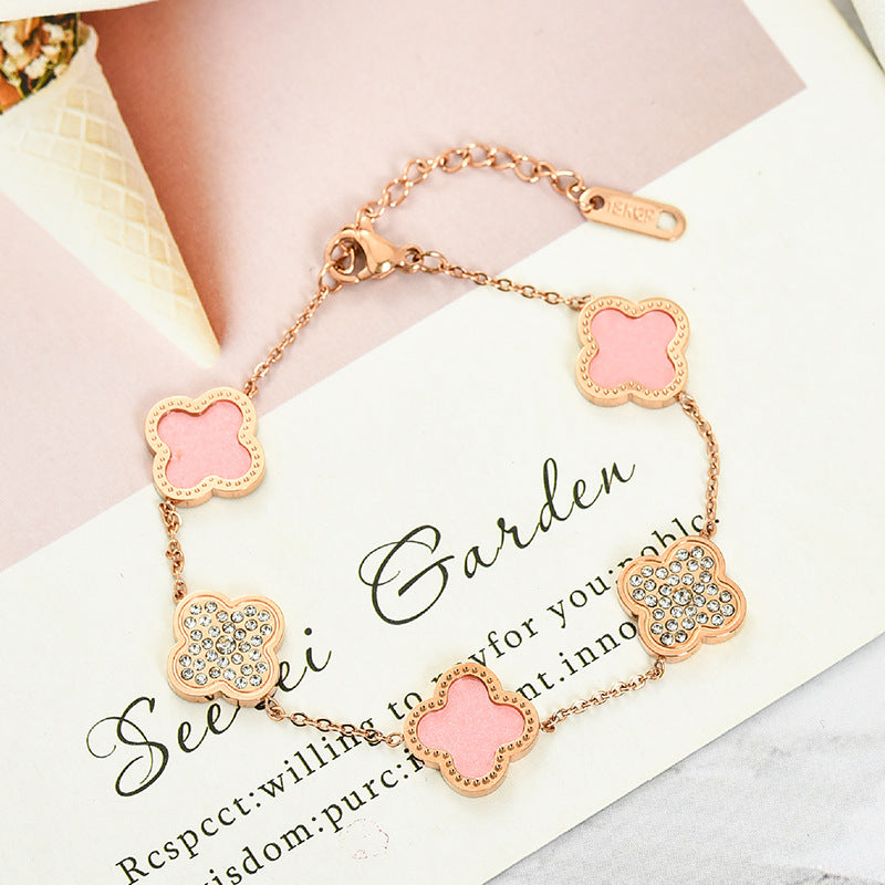 Clover Rhinestone Stainless Steel Bracelet B2674