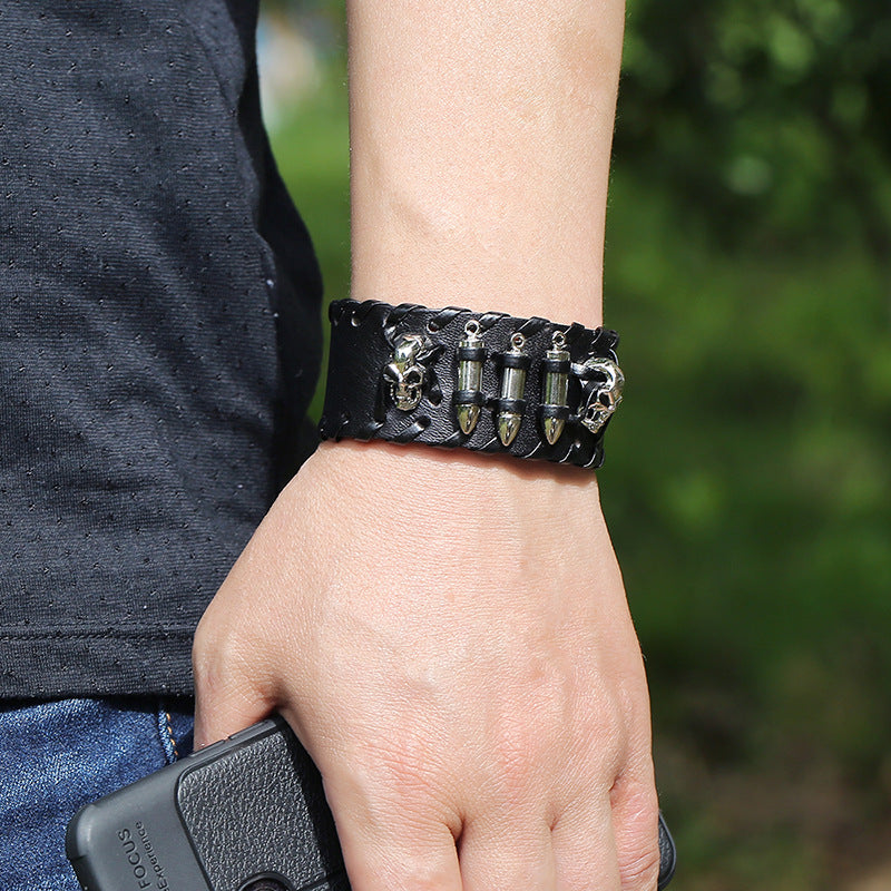 Punk Skull Bullet Leather Snap Bracelet B3072