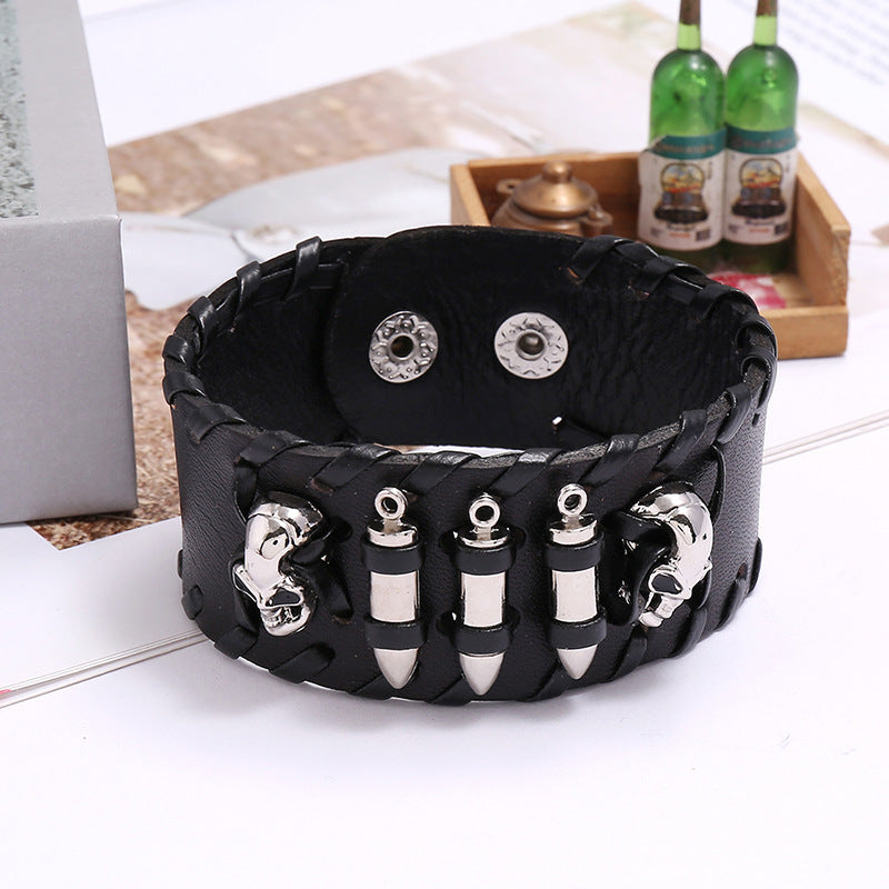 Punk Skull Bullet Leather Snap Bracelet B3072