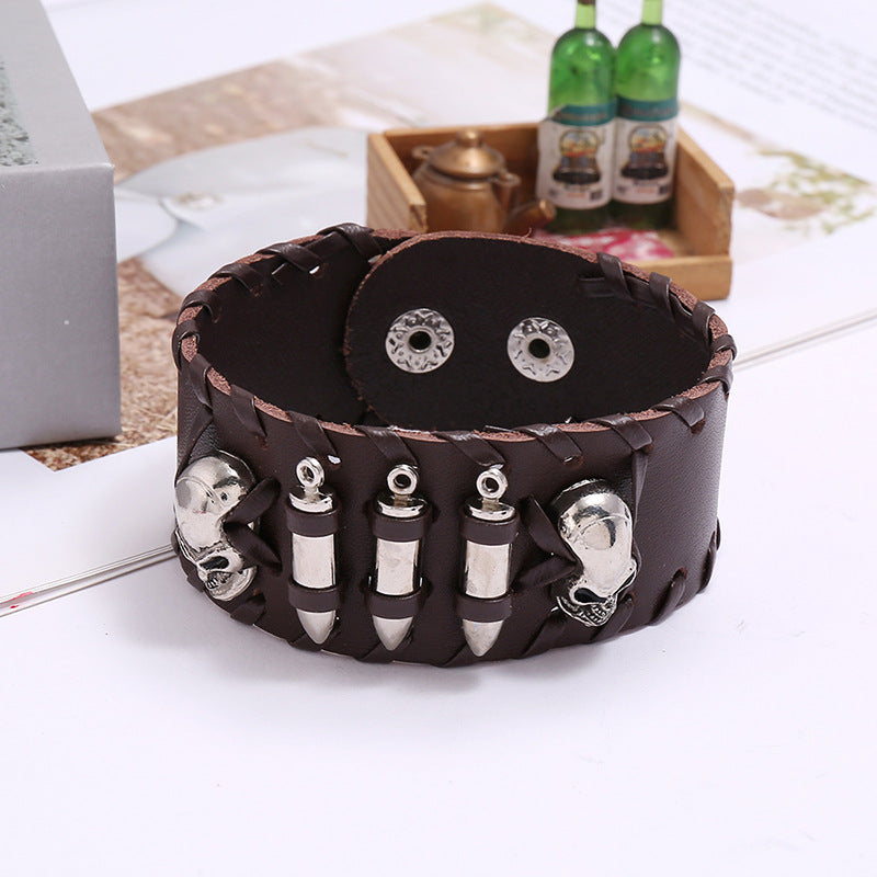 Punk Skull Bullet Leather Snap Bracelet B3072