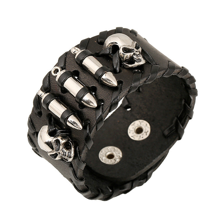 Punk Skull Bullet Leather Snap Bracelet B3072