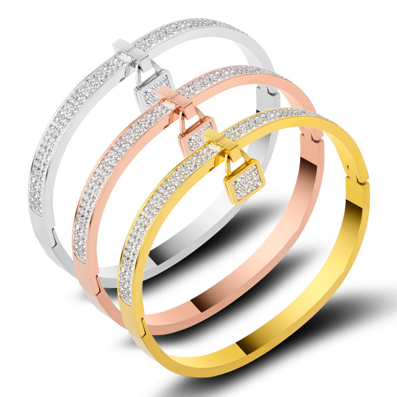 Lock Rhinestone Stainless Steel Bracelet B3374