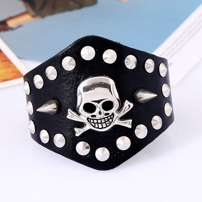 Punk Skull Rivet Leather Snap Bracelet B3763