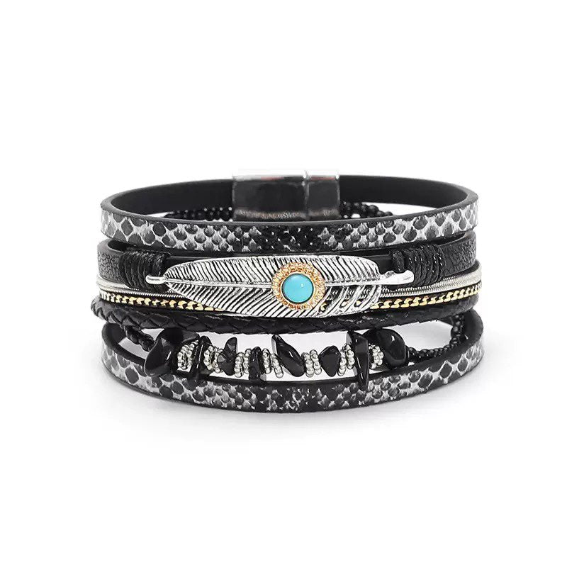 Feather Turquoise Vegan Leather Magnetic Bracelet B3779