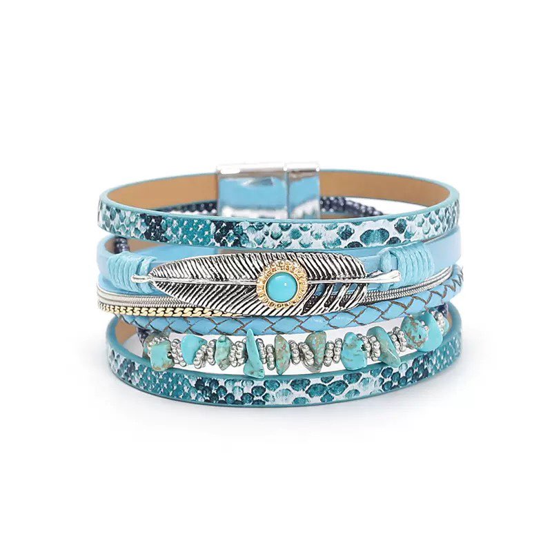 Feather Turquoise Vegan Leather Magnetic Bracelet B3779