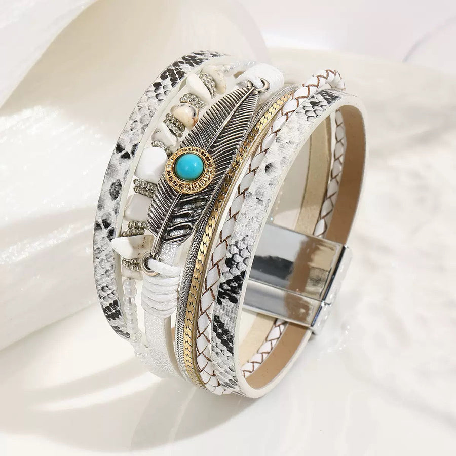 Feather Turquoise Vegan Leather Magnetic Bracelet B3779