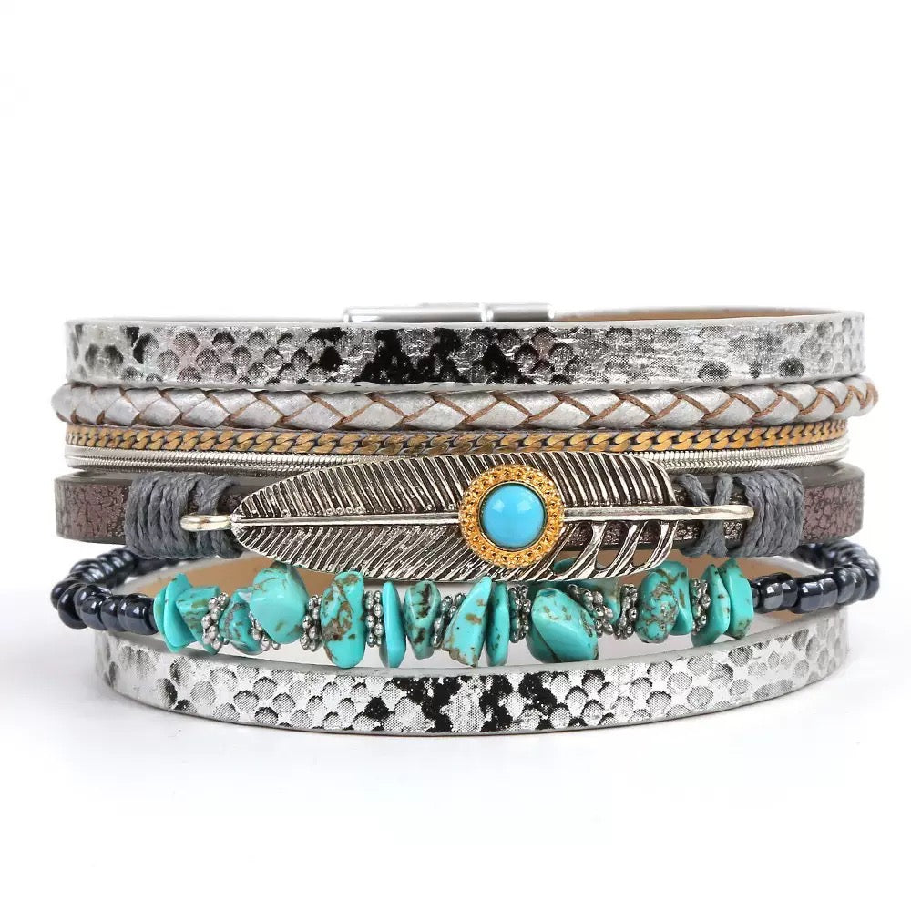 Feather Turquoise Leather Magnetic Bracelet B3779 - view 4