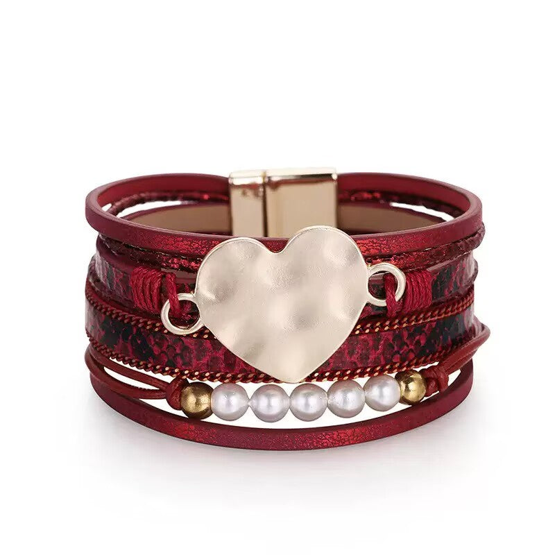 Multi-Layer Snake Print Pearl Vegan Leather Magnetic Bracelet B4299