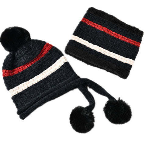 Pompom Knitted Bib Beanie Set C0225