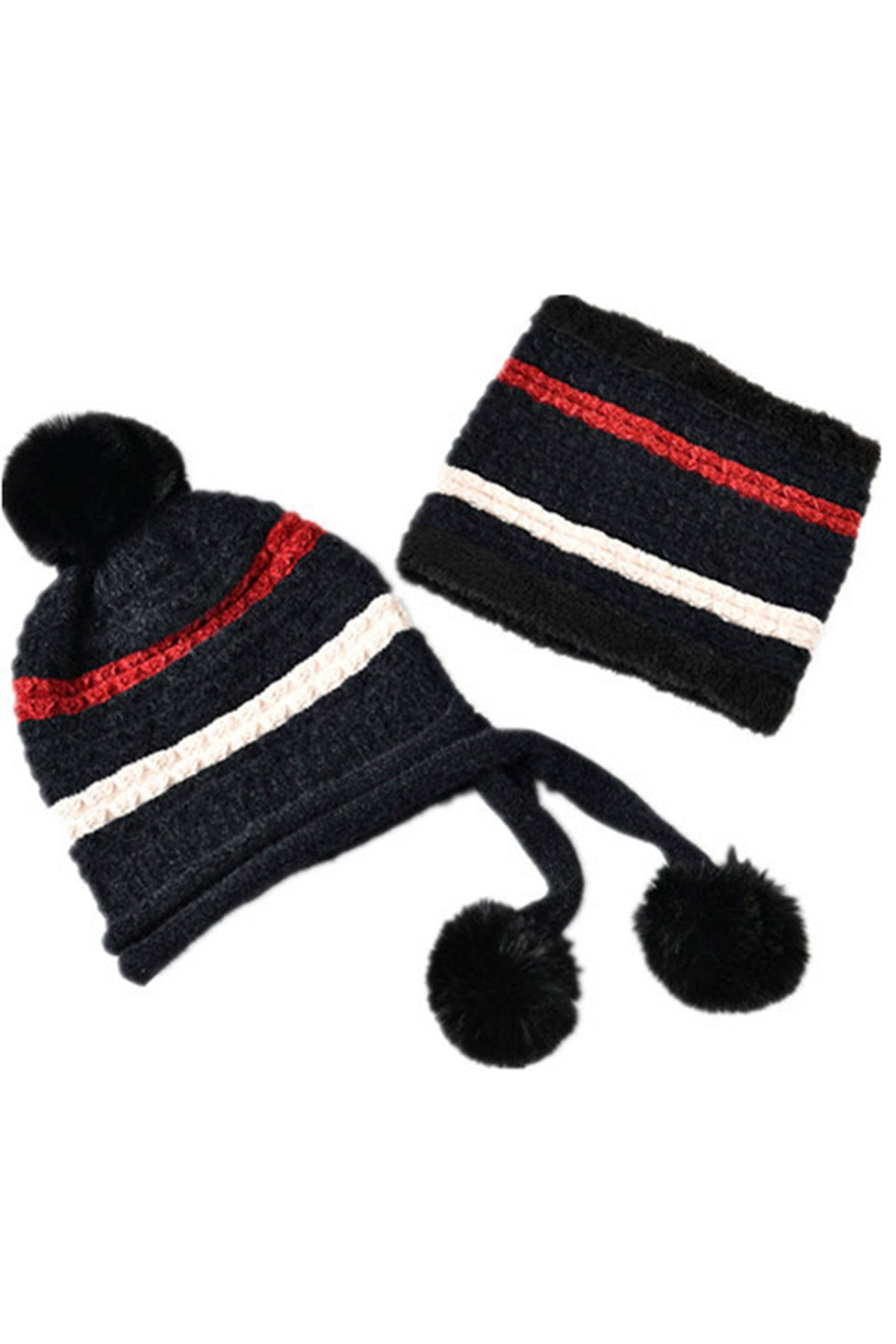 Pompom Knitted Bib Beanie Set C0225