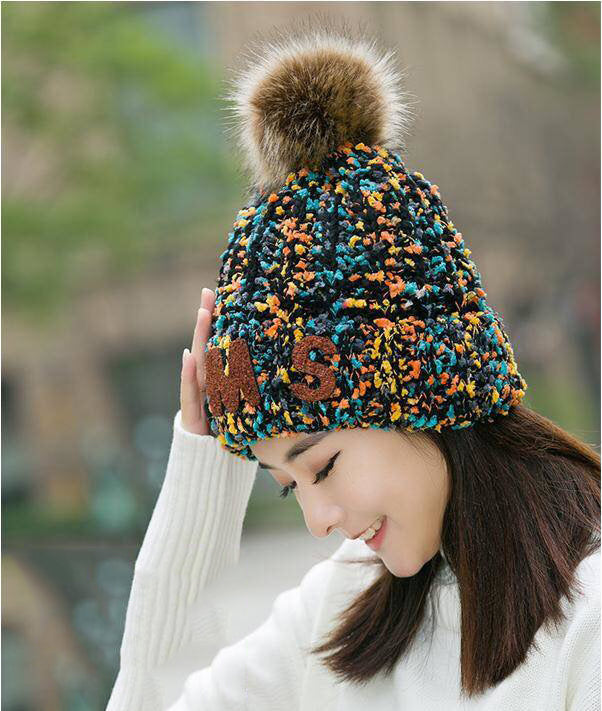 Wool Ball Mixed-color Knitted Beanie C0235