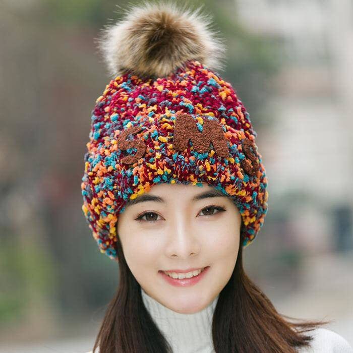Wool Ball Mixed-color Knitted Beanie C0235