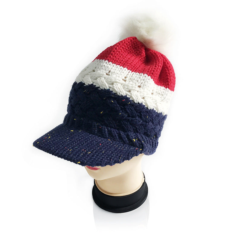 Red White Blue Pom Pom Knitted Beanie Cap C0248
