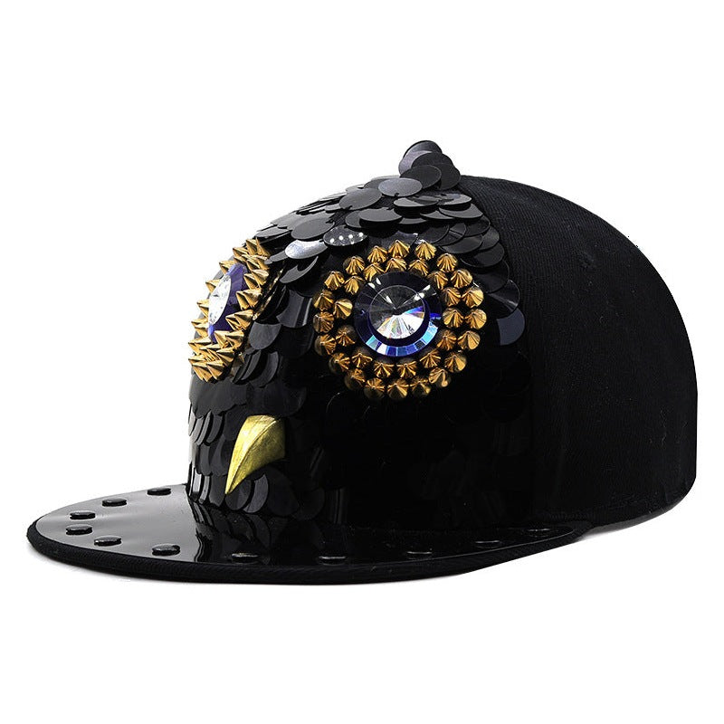 Owl Skull Rhinestone Sequin Cap C0579
