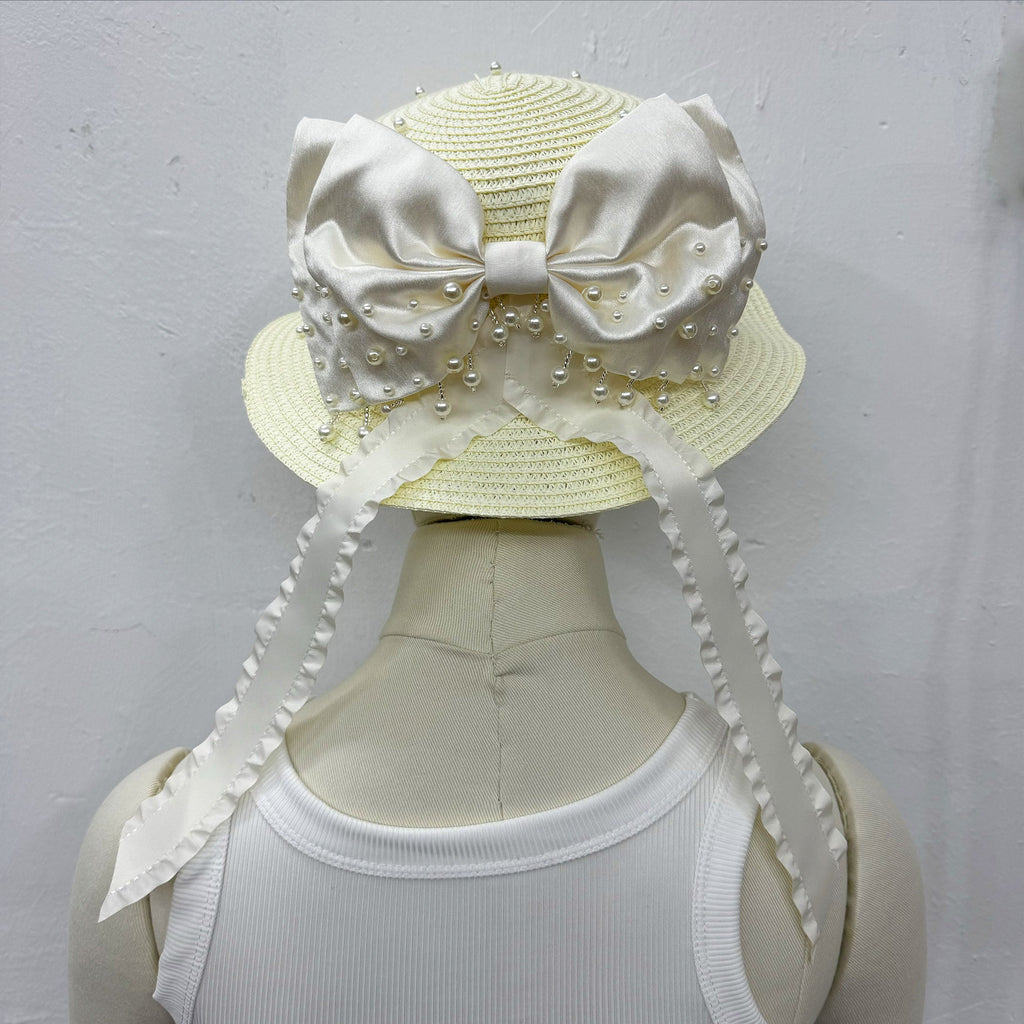 Bow Pearl Ribbon Straw Fedora Hat C0793