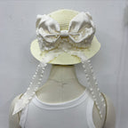 Bow Pearl Ribbon Straw Fedora Hat C0793