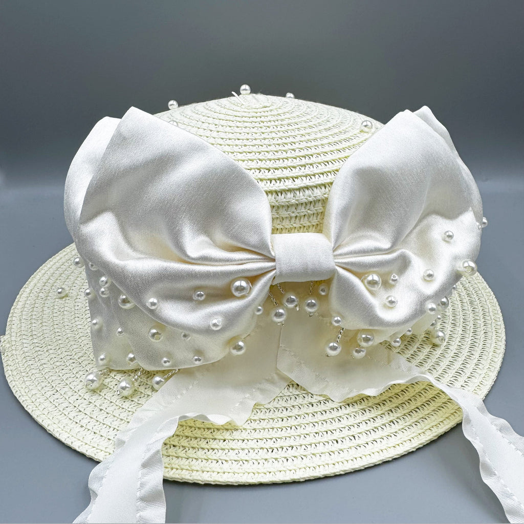 Bow Pearl Ribbon Straw Fedora Hat C0793