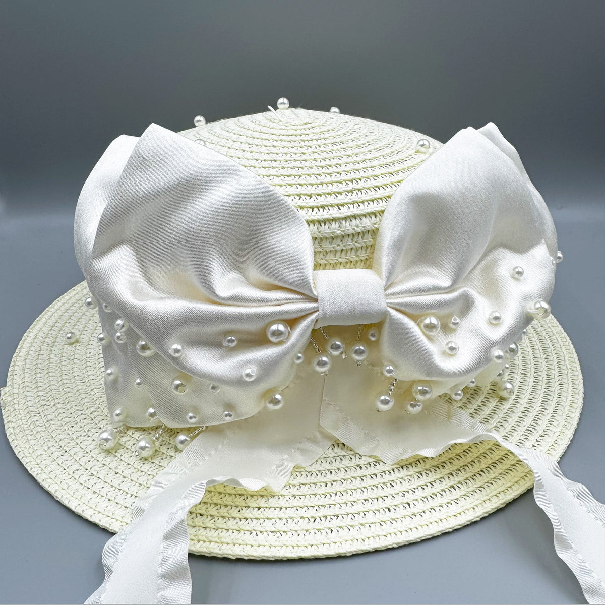 Bow Pearl Ribbon Straw Fedora Hat C0793