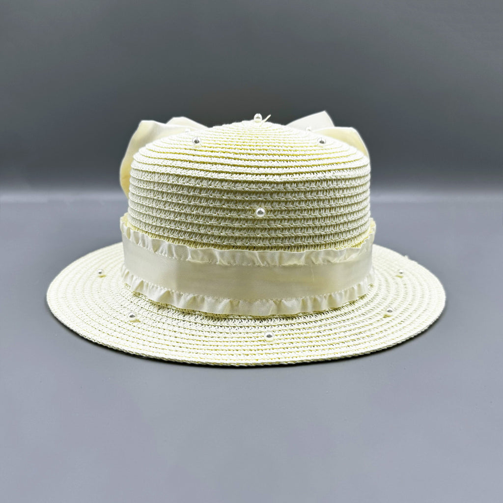 Bow Pearl Ribbon Straw Fedora Hat C0793