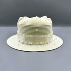 Bow Pearl Ribbon Straw Fedora Hat C0793