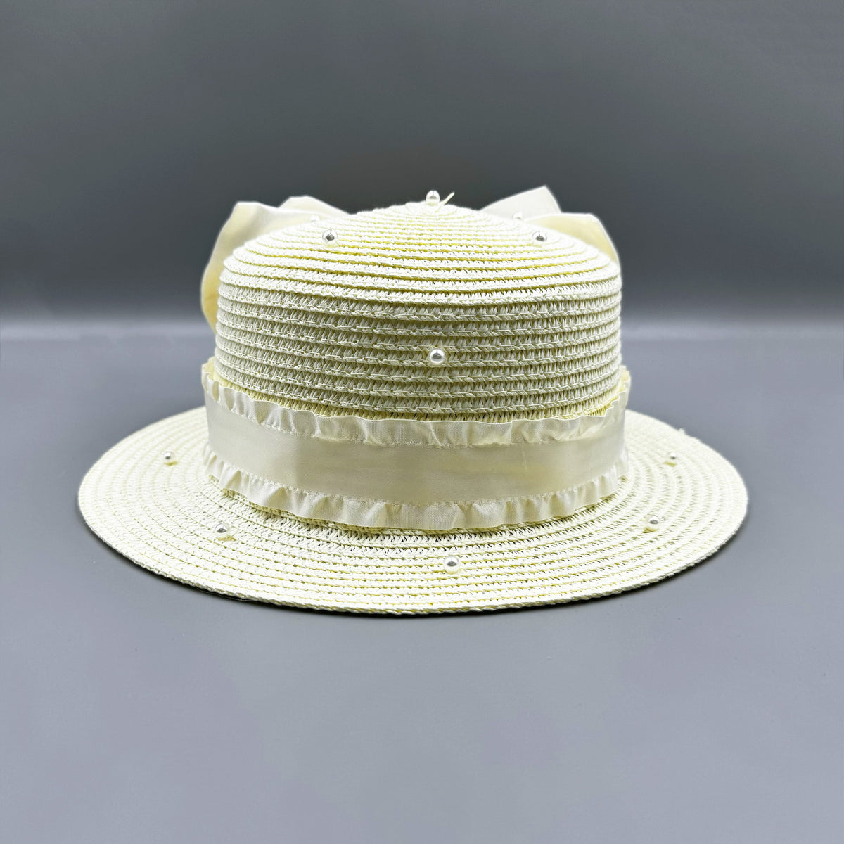 Bow Pearl Ribbon Straw Fedora Hat C0793