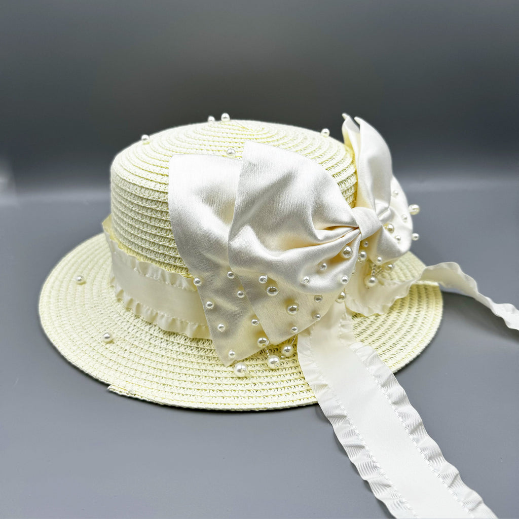 Bow Pearl Ribbon Straw Fedora Hat C0793