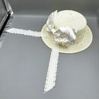 Bow Pearl Ribbon Straw Fedora Hat C0793