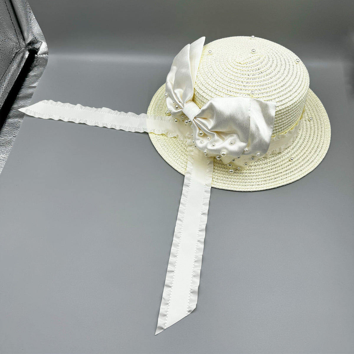 Bow Pearl Ribbon Straw Fedora Hat C0793
