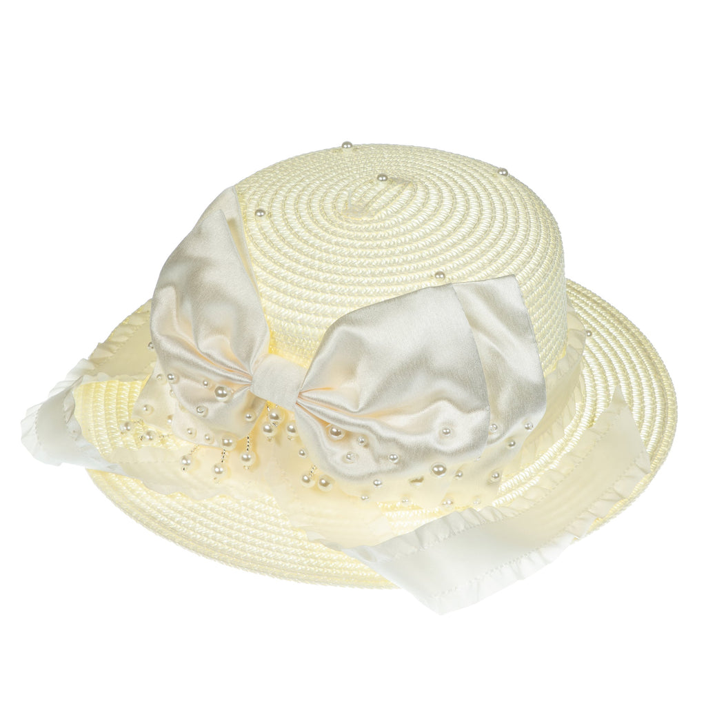 Bow Pearl Ribbon Straw Fedora Hat C0793