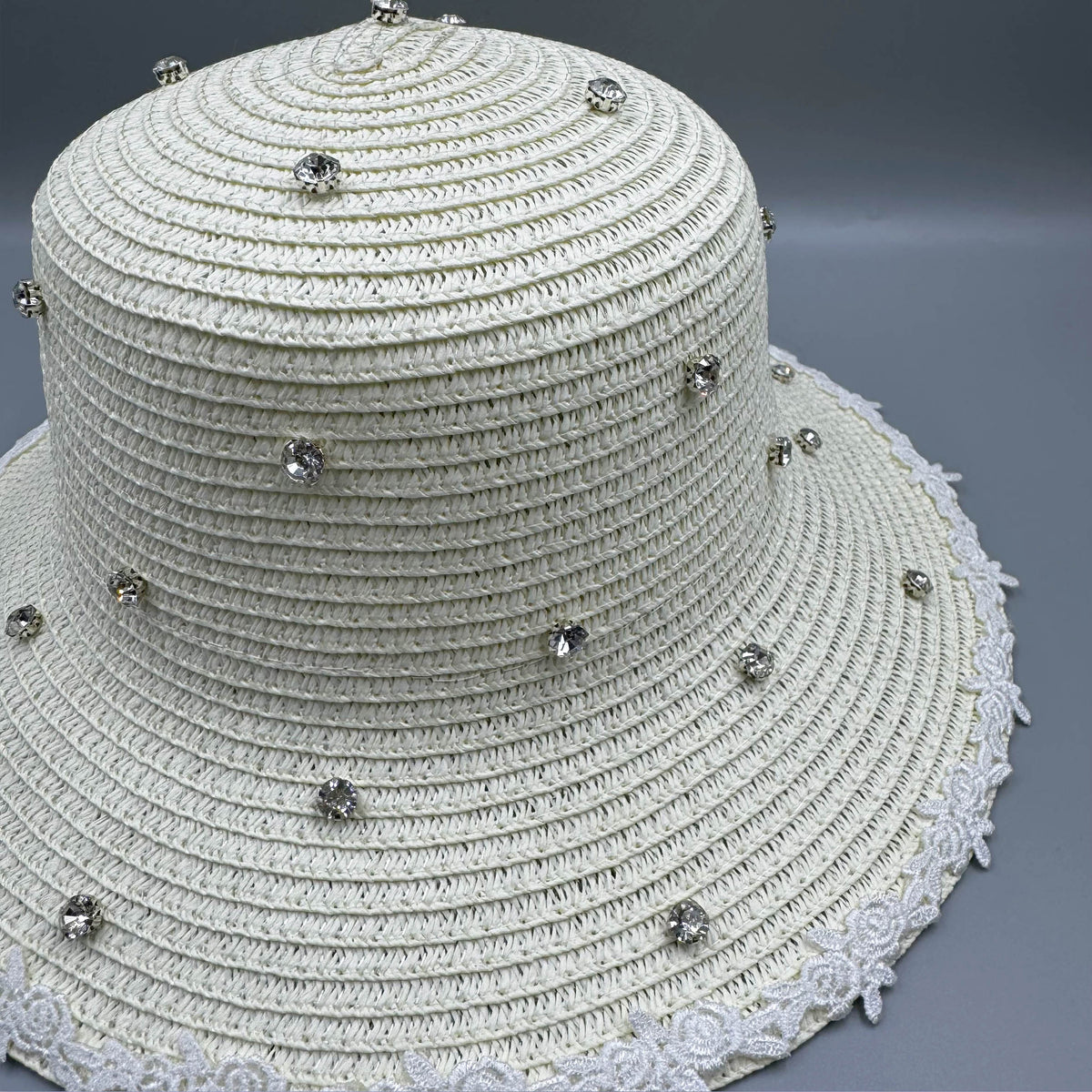 Rhinestone Lace Straw Fedora Hat C0795