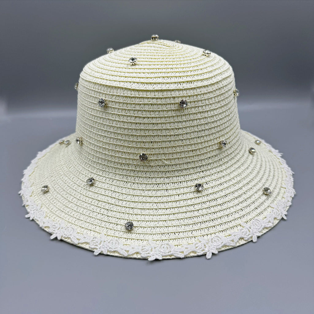 Rhinestone Lace Straw Fedora Hat C0795