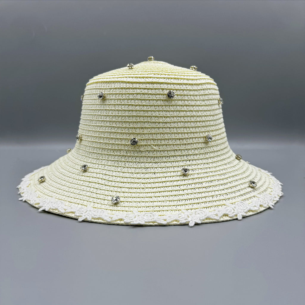Rhinestone Lace Straw Fedora Hat C0795