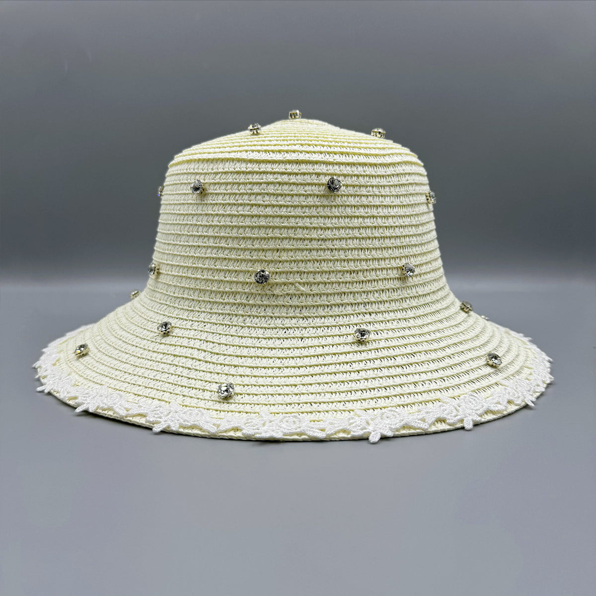 Rhinestone Lace Straw Fedora Hat C0795