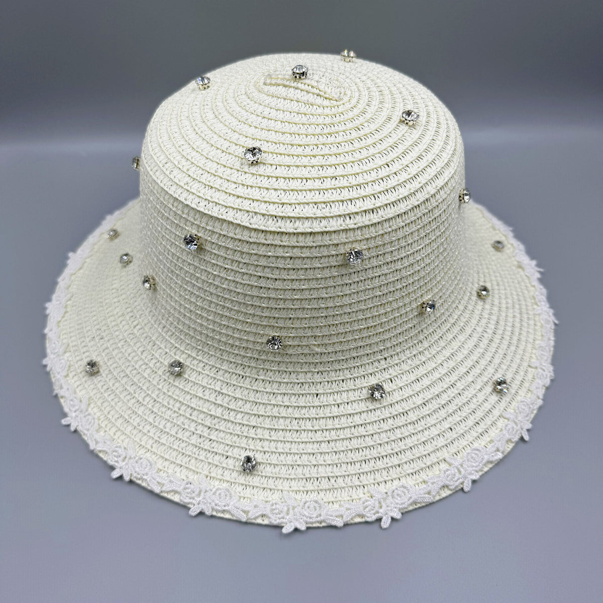 Rhinestone Lace Straw Fedora Hat C0795