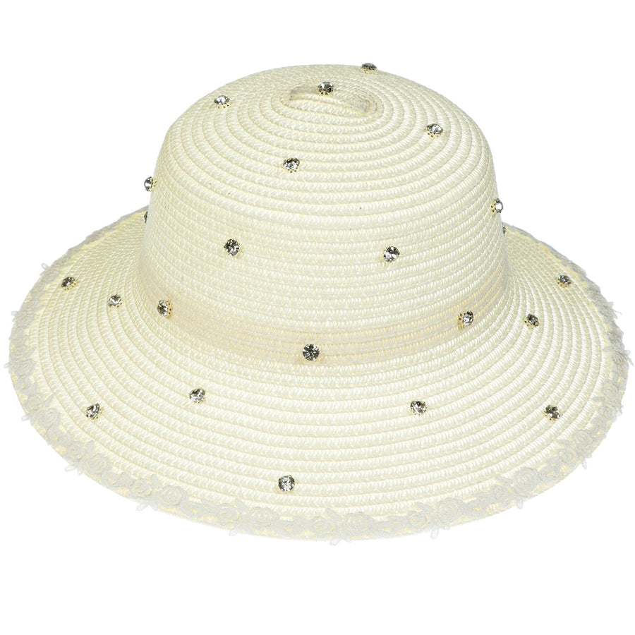 Rhinestone Lace Straw Fedora Hat C0795