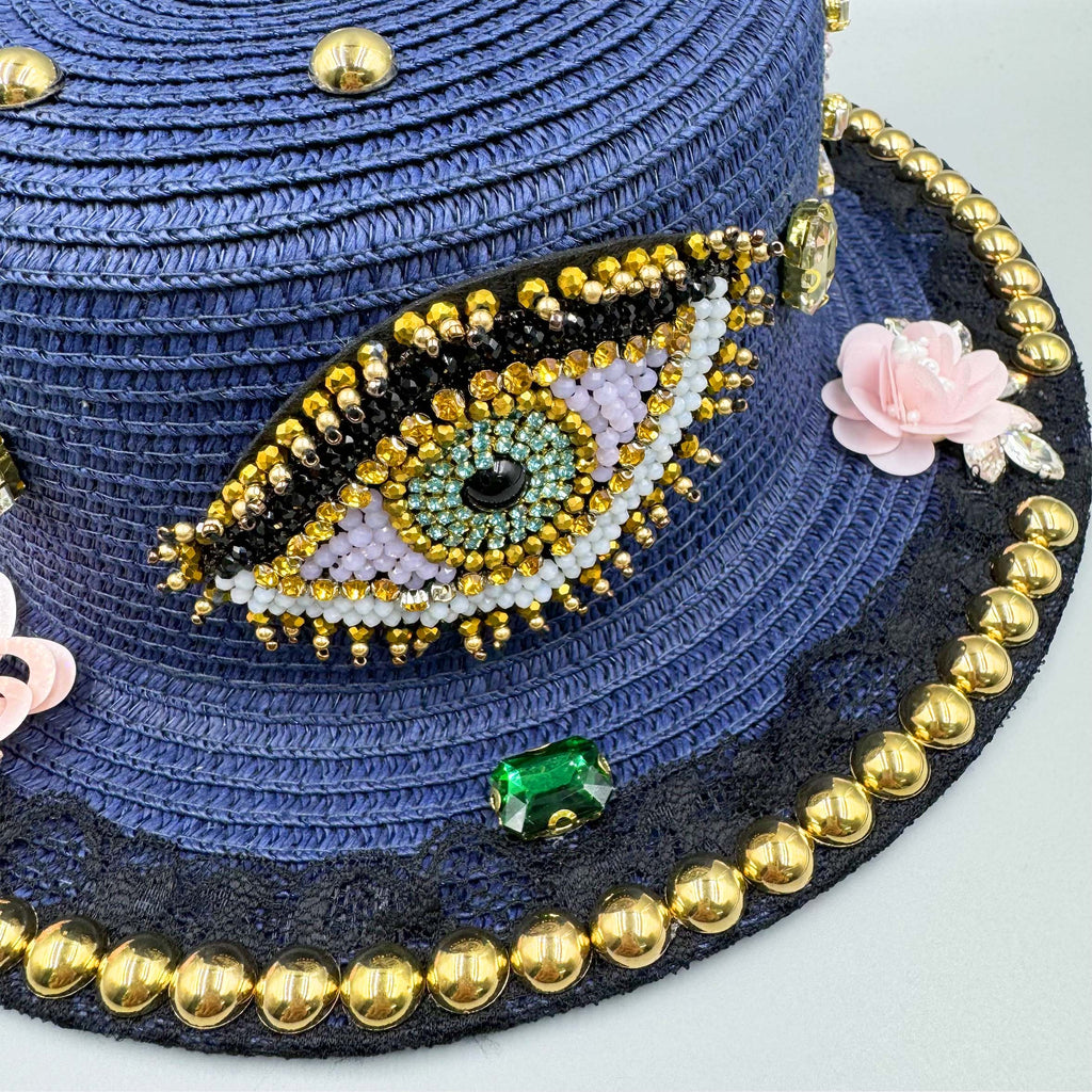 Handmade Floral Evil Eye Rhinestone Fedoras Hat C0808