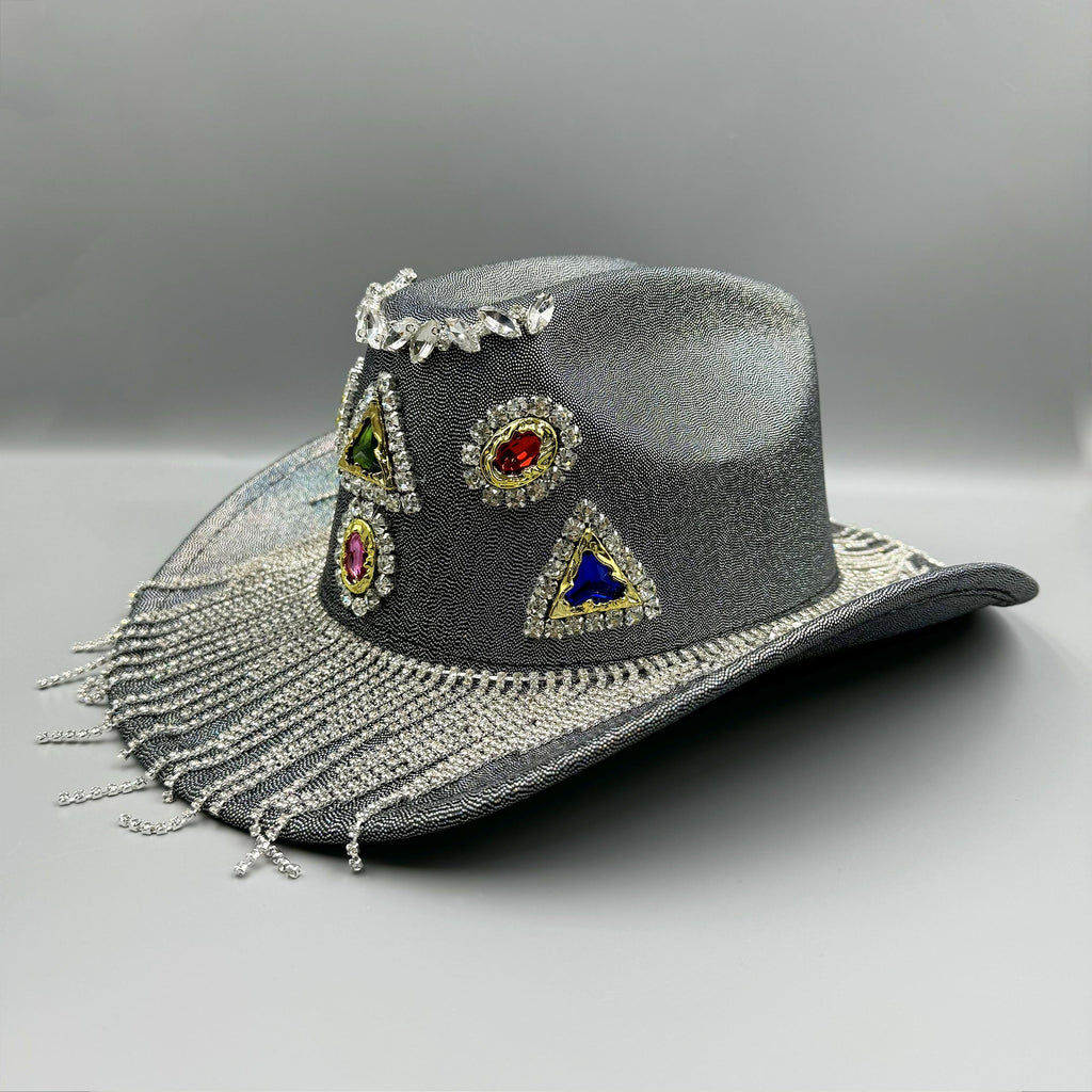 Geometric Rhinestone Tassel Fedora Hat C0809