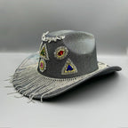 Geometric Rhinestone Tassel Fedora Hat C0809