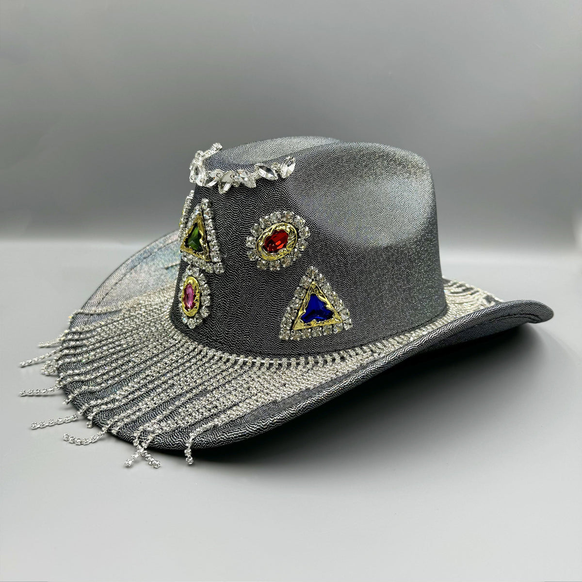 Geometric Rhinestone Tassel Fedora Hat C0809
