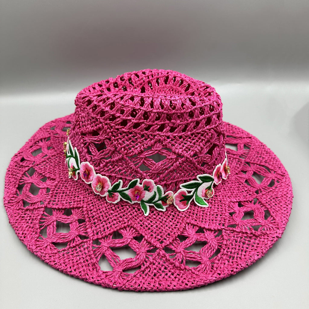 Embroidered Floral Hollow Straw Western Cowboy Hat C0824