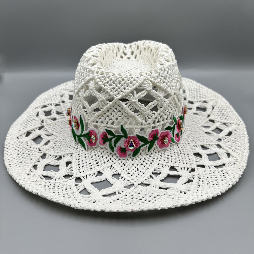 Embroidered Floral Hollow Straw Western Cowboy Hat C0824