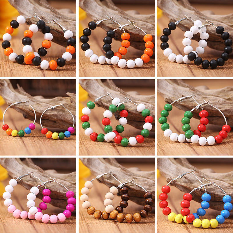 Wooden Bead Hoop Earrings E4885