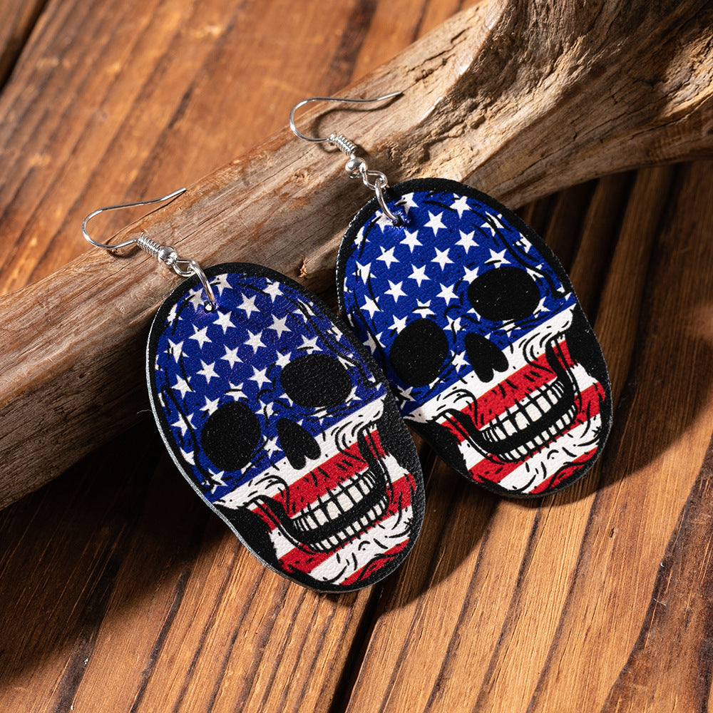 American Flag Skull Leather Earrings E4946