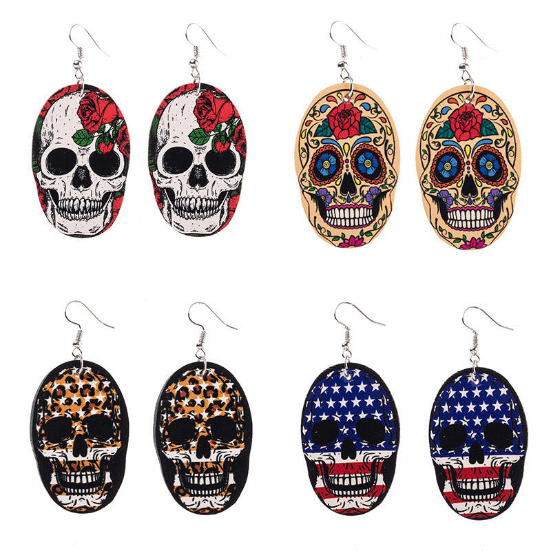 American Flag Skull Leather Earrings E4946
