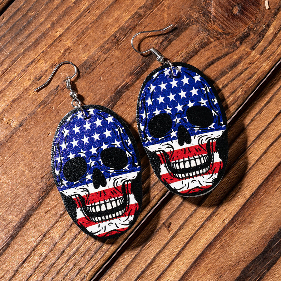 American Flag Skull Leather Earrings E4946