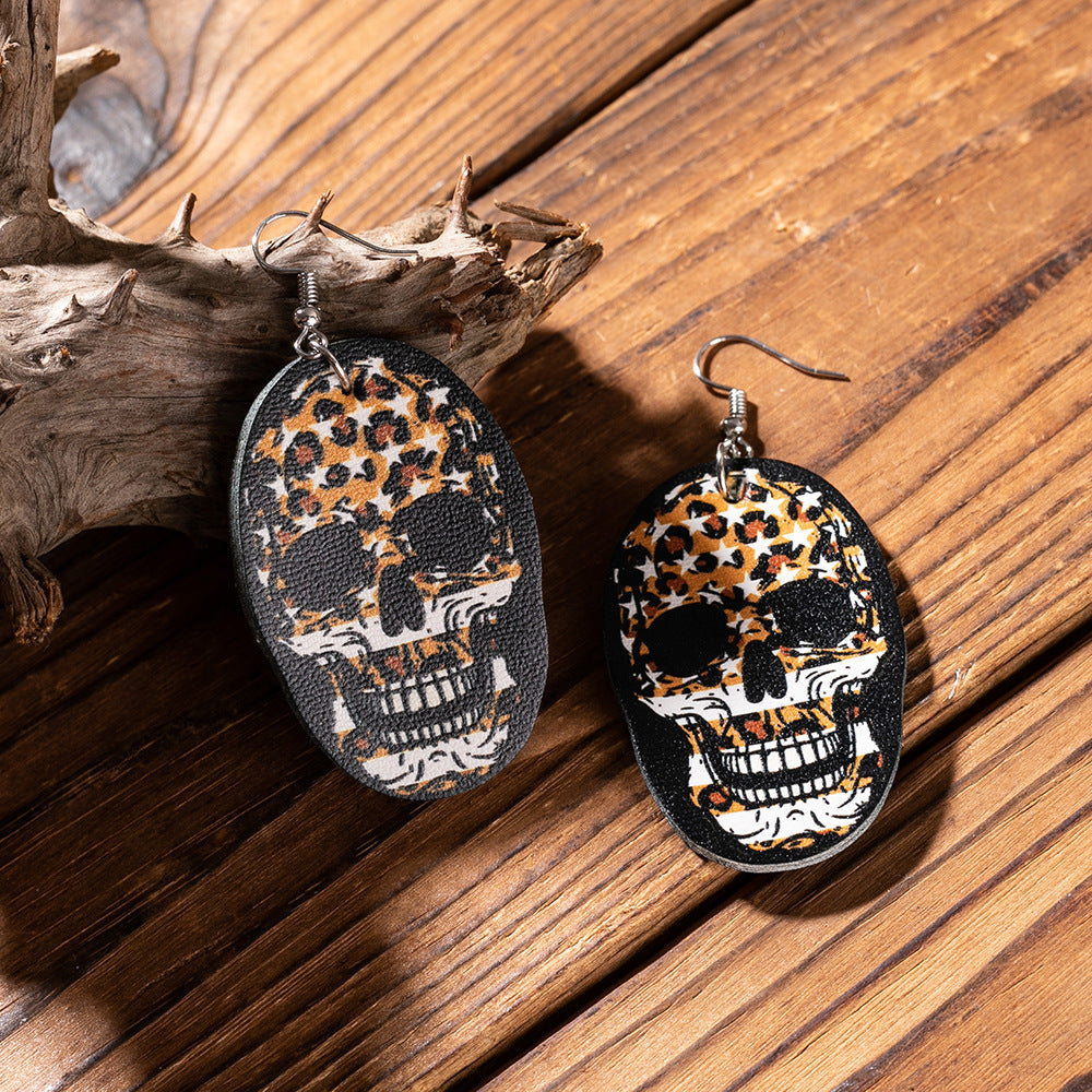 American Flag Skull Leather Earrings E4946