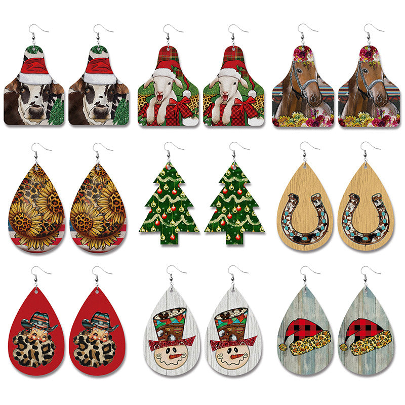 Christmas Sheep Pu Leather Earrings E5093