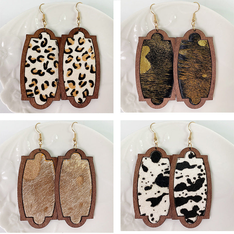 Geometry Cow Pattern Leather Wooden Earrings E5188